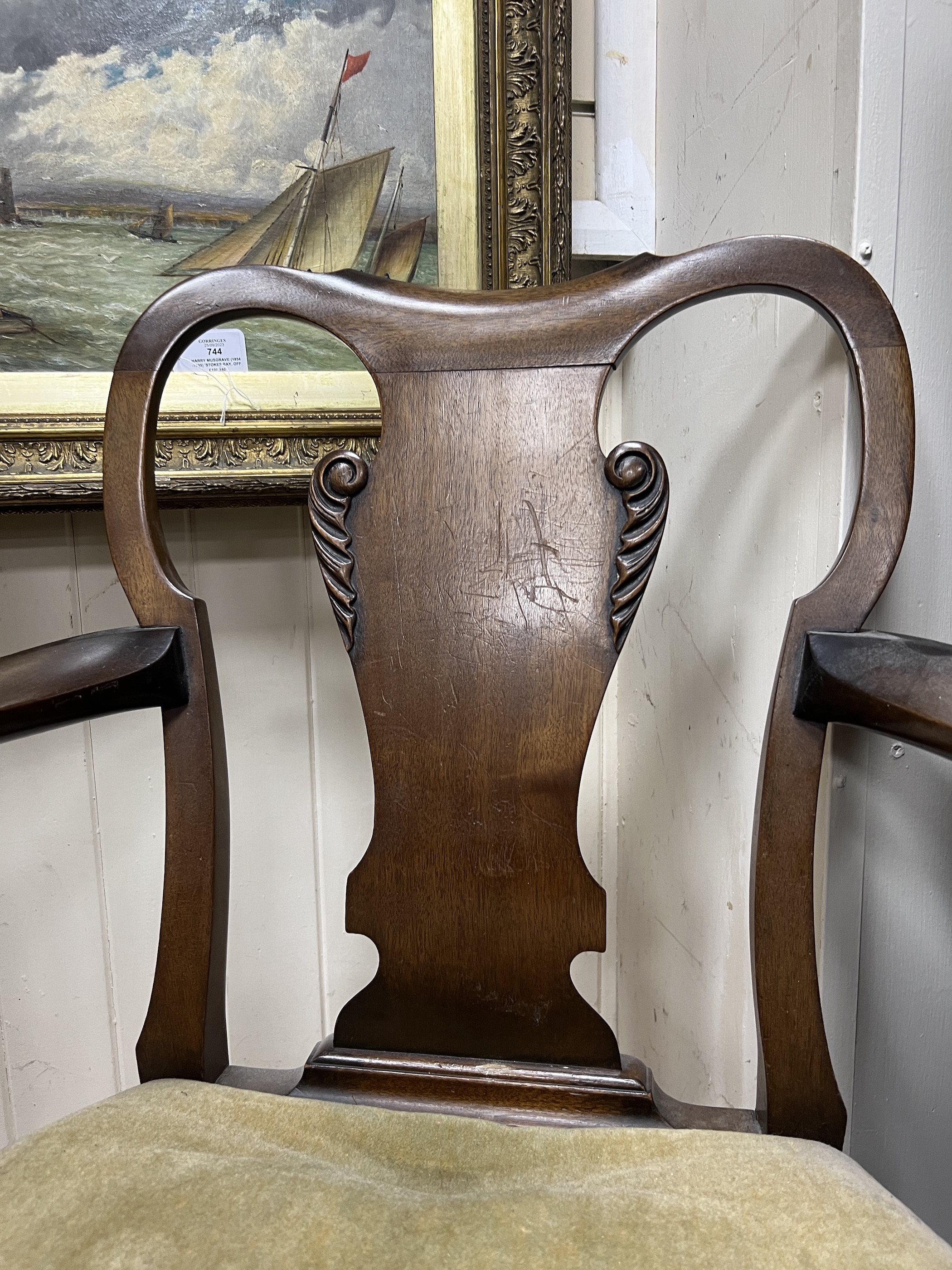 A small 18th century style mahogany open armchair with ram's head arms, width 64cm, height 80cm